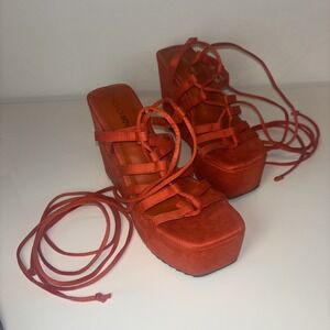 Women's Sandal Heels Sz 6 Orange Lace Up Y2k Chunky Platform Strappy Funky Wedge